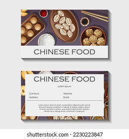 Set of vector template business card design with Chinese food and copy-space on blue. Postcard, card, banner, flyer, promotion concept.