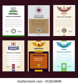 Set of vector template certificate, modern design. Football, tennis, cricket sports competitions.
