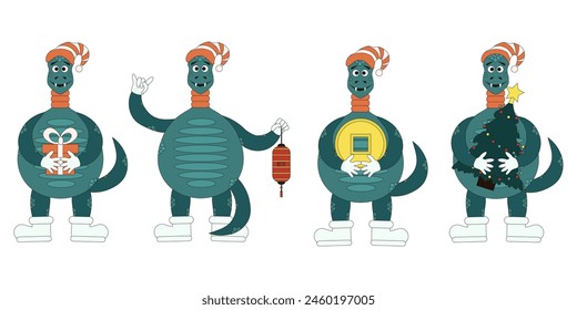 Set vector template Chinese 2025 Zodiac Snake in trendy Flat Cartoonish style isolated transparent background. Cute of Chinese New Year symbol. Vector for web postcard, banner, poster. Editable stroke