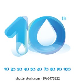 Set of vector template design illustration logotype number 10th-100th anniversary cool tone blue aqua water - rain drop fresh nature concept for invitation card, backdrop, label, logo and advertising.