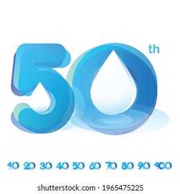 Set von Vektorvorlage Design Illustration Logotyp Nummer 10-100 Jahrestag kühlen Ton blaues Wasser - Regen Tropfen frische Natur Konzept für Einladungskarte, Hintergrund, Etikett, Logo und Werbung.