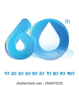 Set of vector template design illustration logotype number 10th-100th anniversary cool tone blue aqua water - rain drop fresh nature concept for invitation card, backdrop, label, logo and advertising.