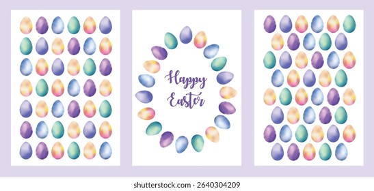 set of vector template designs with vibrant colorful easter eggs isolated on white background with copy space for text, happy easter greeting card design collection	