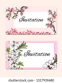 Set of vector template gentle flower postcards. Frame for text with delicate
pink and white flowers for invitations, cards, greetings. 