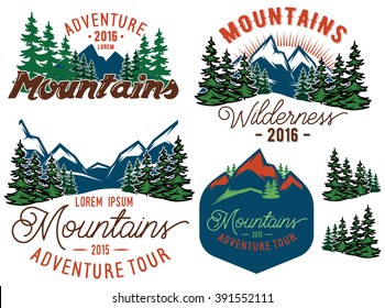 set vector template in retro style with mountains spruces forest