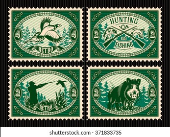 set vector template of stamps with elements for hunting, forest, animals