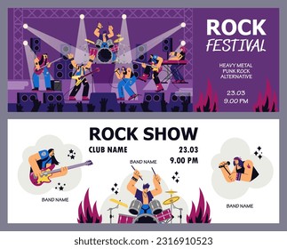 Set of vector template tickets Rock band festival. Guitar player, pianist, vocalist and drummer playing rock music. Modern competition rock show in disproportionate characters.