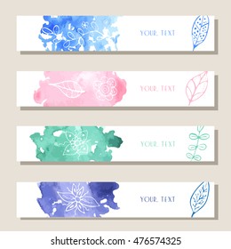 Set of vector template with watercolor paint abstract spots and hand drawn flowers and leaves. Template design for cards, bookmark, banner, label.