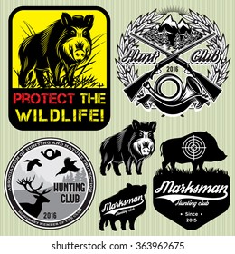 set vector template with wild boar for hunting clubs