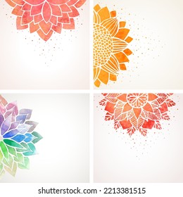 Set of vector templates or backgrounds with watercolor floral pattern, red and rainbow flower mandala