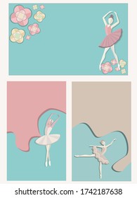 Set of vector templates with ballerinas in poses for flyers, banners, booklets and more. Vector illustration.