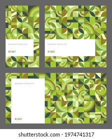 Set of vector templates for banner with kiwi fruit in bauhaus style. Abstract geometric seamless pattern with copy space for ad, stories, social media. Simple repeating shapes, mosaic background.