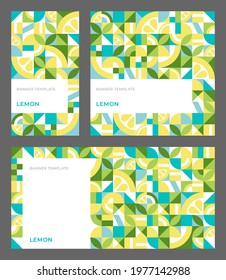 Set of vector templates for banner with lemon. Seamless pattern in Bauhaus style with copy space for advertising, stories, social media. Abstract geometric background. Simple repeating shapes, mosaic.