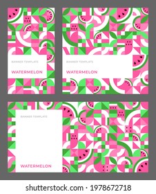 Set von Vektorvorlagen für Banner mit Wassermelone im Bauhaus-Stil. Nahtloses sich wiederholendes Muster mit Kopienraum für Werbung, Geschichten, soziale Medien. Abstrakter geometrischer Hintergrund. Einfache Formen, Mosaik.