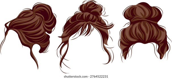 set of vector templates of brown hair of various shapes, gathered in careless, imperfect buns, for female characters, various side views
