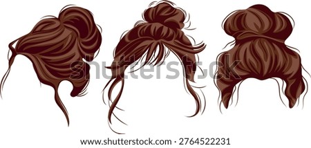 set of vector templates of brown hair of various shapes, gathered in careless, imperfect buns, for female characters, various side views