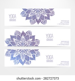 A set of vector templates of business banners. Watercolor pink lotus flowers on a white background. Mandalas. Yoga, spa and oriental practice and art concept. Flower under the mask and edited