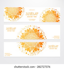 A set of vector templates of business banners. Watercolor gold sunflowers, round flower pattern, golden texture on a white background. Production of sunflower concept. Flower under the mask and edited