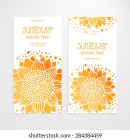 A set of vector templates of business banners. Watercolor yellow gold sunflowers, round flower pattern, golden texture on a white background. Production of sunflower concept
