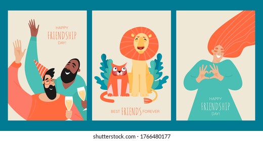 Set of vector templates for cards or banners for the day of friendship with funny characters of people and animals. Best friends forever. Cartoon illustration in a flat style.