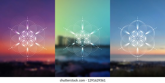 Set of vector templates of cards or poster; Spiritual sacred geometry; Abstract geometric shapes based on ancient symbol - "flower of life" on photographic background; Yoga, meditation and relax.