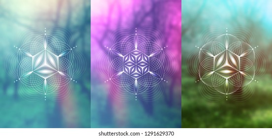 Conjunto de plantillas vectoriales de tarjetas o carteles; Geometría sagrada espiritual; Formas geométricas abstractas basadas en símbolos antiguos - "flor de la vida" sobre fondo fotográfico; Yoga, meditación y relajación.