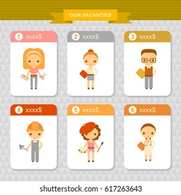 set of vector templates with cartoon illustrations about professions. Recruitment agency design