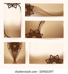 Set of vector templates for corporate design in oriental style. Warm backgrounds with mehndi patterns.