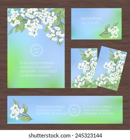Set of vector templates for Corporate identity or wedding invitation with hand drawn branch sakura flowers