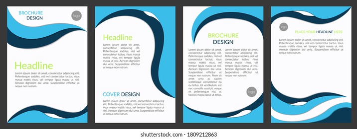 A set of vector templates for creating brochures, flyers, banners, advertisements. Minimalistic design, blue wavy shapes. Place for your text. Copyspace.