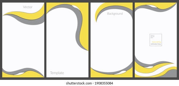 A set of vector templates for creating web banners, stories in colors of the year 2021. Minimalistic design template, ultimate gray and illuminating wavy shapes. Place for your text. Copyspace.