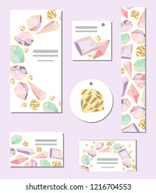 Conjunto de modelos de vetor com cristais e pedras preciosas para design de cartões, saudações, convites, cartões de visita, folhetos, banners e folhetos publicitários, desenho à mão, ilustração vetorial