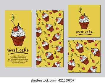 Set of vector templates with cupcakes and cherries