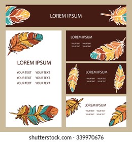 Set of vector templates with feathers hippy style for business cards, presentations, postcards, posters. Boho style, boho chic, feathers