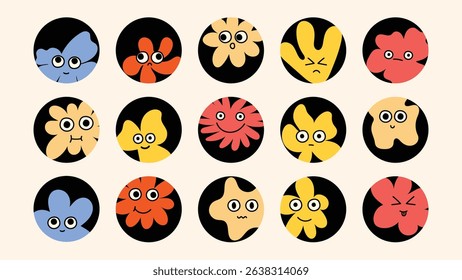 Set of vector templates featuring cheerful characters, circular avatar illustrations, quirky mascots, and modern line icon elements — ideal for social media and branding