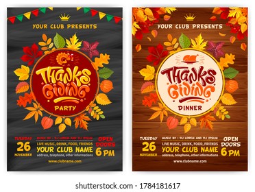 Set of vector templates for flyers or posters on Thanksgiving Day. Black chalkboard and wooden background with autumn leaves. Cheerful turkey, calligraphic inscription Thanksgiving and space for text