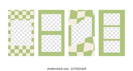 Set of vector templates with frames for social media. Green wavy checkered texture in y2k aesthetic. Distorted cage in 00s, 90s style