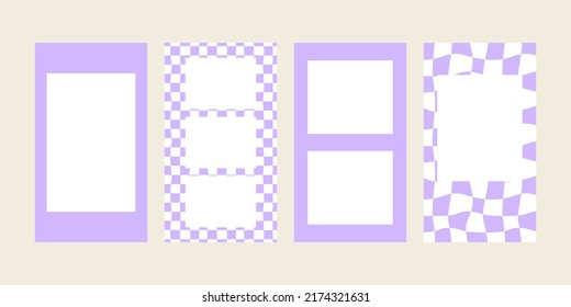 Set of vector templates with frames for social media. Purple wavy checkered texture in y2k aesthetic. Distorted cage in 00s, 90s style