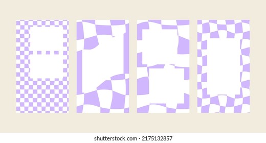 Set of vector templates with frames for social media. Purple wavy checkered texture in y2k aesthetic. Distorted cage in 00s, 90s style