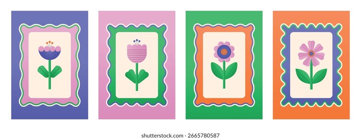 Conjunto de Plantillas de Vector con flores geométricas en flor y marcos ondulados. Colección moderna de Plantillas para crear Anuncios, carteles, postales, invitaciones, portadas.