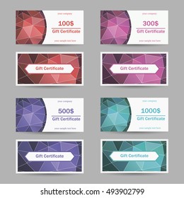 Set of vector templates gift certificate with a polygonal texture.