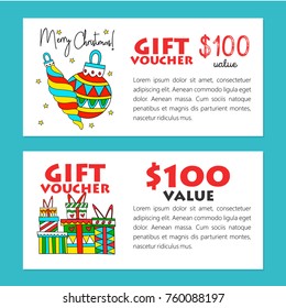 Set of vector templates gift voucher. Discounts for Christmas and new year. Vector illustration. Colored boxes with gifts and Christmas tree decorations.