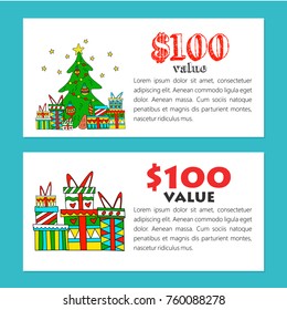 Set of vector templates gift voucher. Cute illustration of Christmas tree and colorful boxes with gifts.