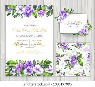 Set of vector templates for greetings or invitations to the wedding and one seamless pattern with purple hydrangea. Invitation card, frame and floral elements for creative own design.