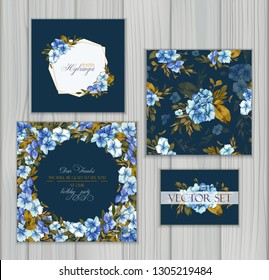 Set of vector templates for greetings or invitations to the wedding and one seamless pattern with blue hydrangea. Invitation card, frame and floral elements for creative own design.