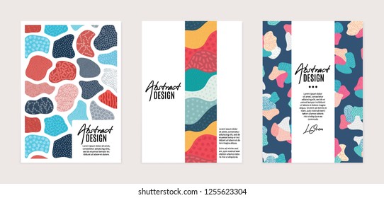 Set of vector templates. Hand drawn abstract shapes with different textures, spots and decorative elements. It can be used as book, notebook or magazine cover, brochure, booklet, annual report, flyer