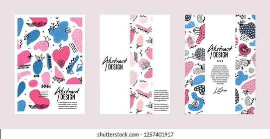 Set of vector templates. Hand drawn abstract shapes with different textures, spots and decorative elements. It can be used as book, notebook or magazine cover, brochure, booklet, annual report, flyer