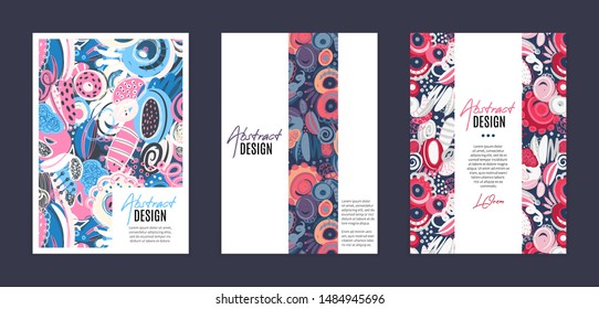 Set of vector templates. Hand drawn abstract shapes, scribbles, spirales. Stains and spots of paint. It can be used as book, notebook or magazine cover, brochure, booklet, annual report, flyer