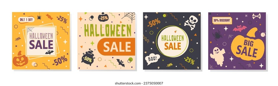 Set de plantillas de vectores de los afiches de venta de Halloween Feliz con símbolos de Halloween y elementos del estilo Memphis. Cuatro ilustraciones para promoción y marketing en medios sociales