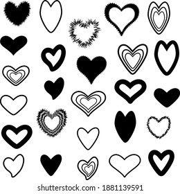 Set of vector templates of hearts in black. Silhouettes and outlines.